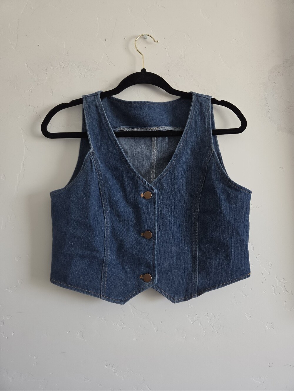 Denim V-Neck Button Front Crop Vest - Blue